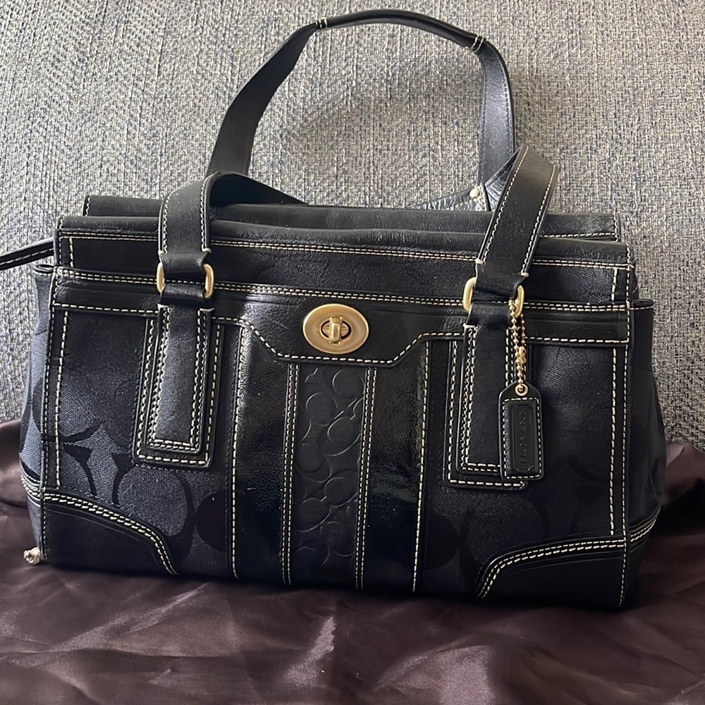 Coach Hampton Black C Monogram Leather/Canvas Satchel Handbag